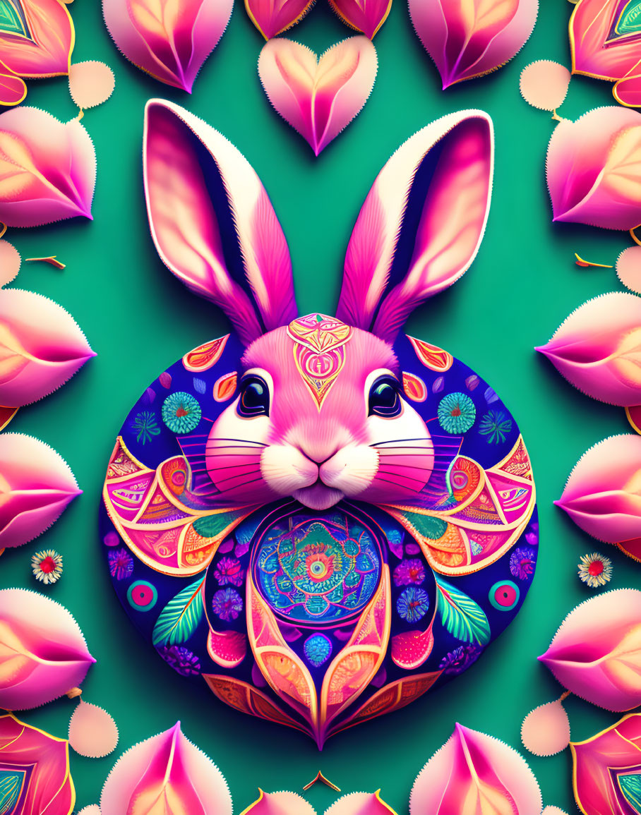 Colorful Stylized Rabbit Illustration with Mandala and Pink Petals on Green Background