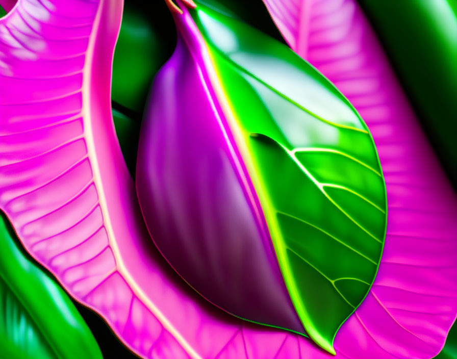 Close-Up Shot of Vibrant Green and Pink Leaves with Glossy Texture