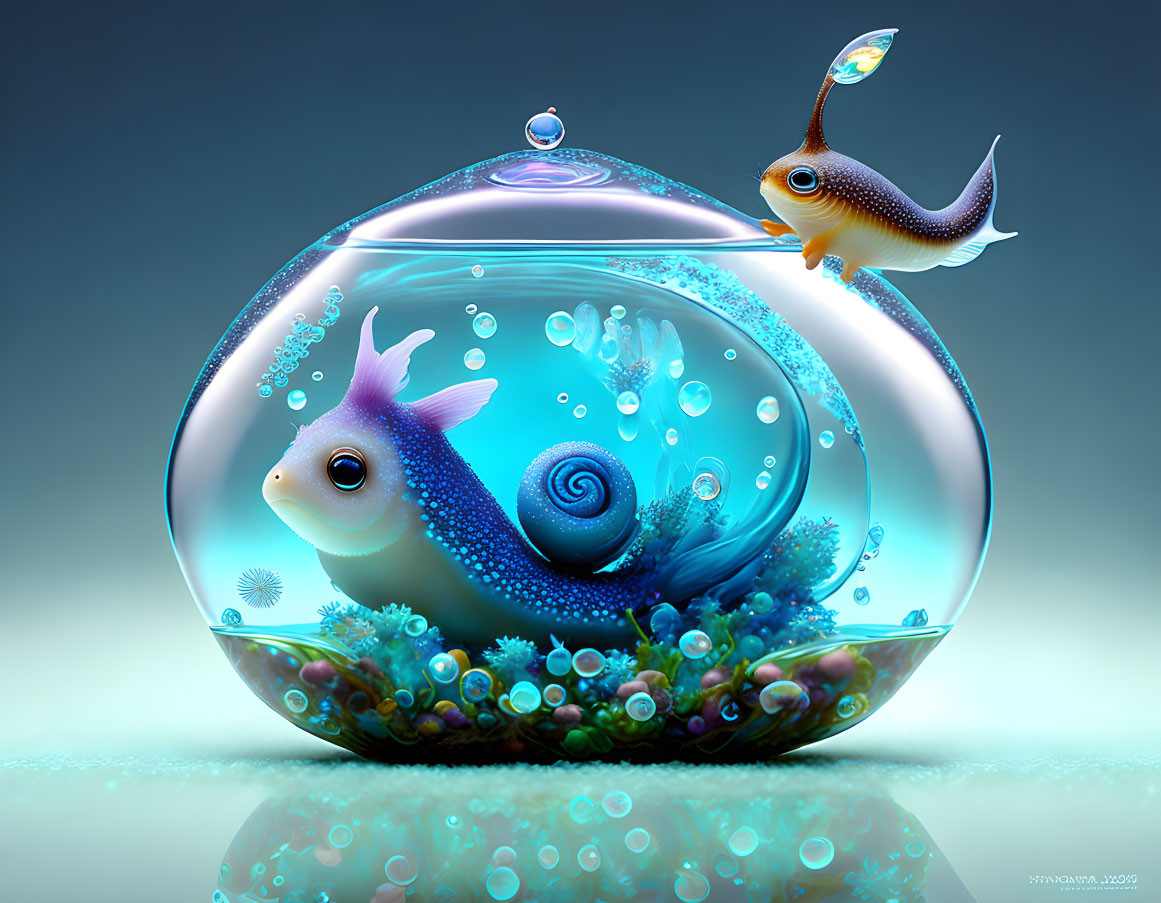 Colorful Fish Bowl Illustration with Big-Eyed Fish and Bubbles