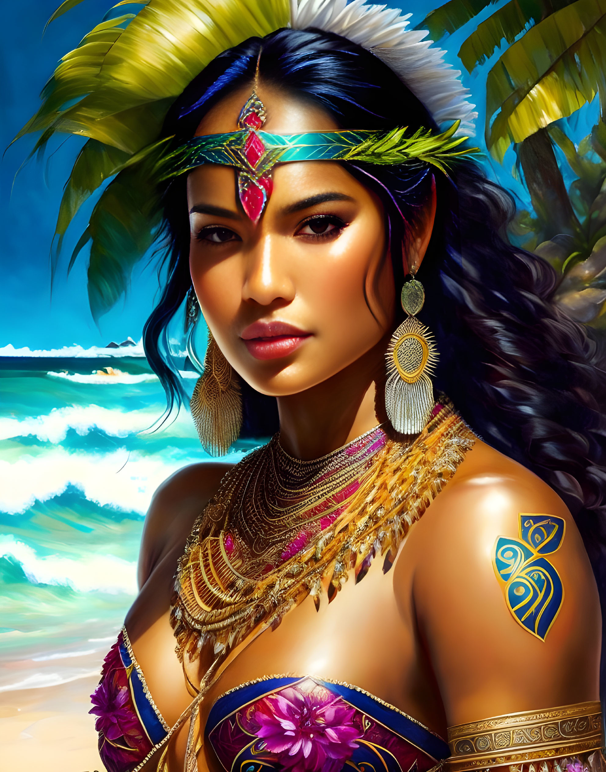 Digital artwork: Woman with headgear, earrings, tattoos on beach