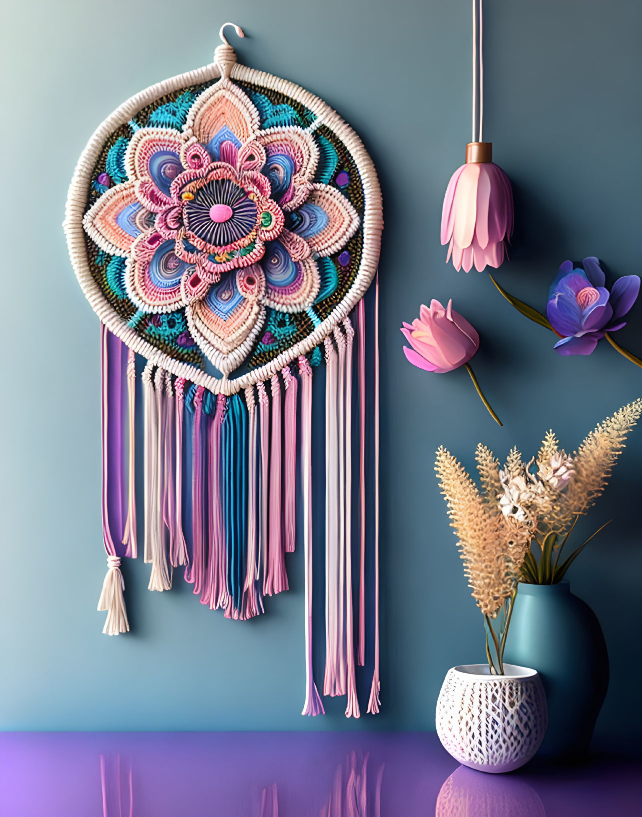 Colorful Dreamcatcher with Intricate Patterns on Blue Wall