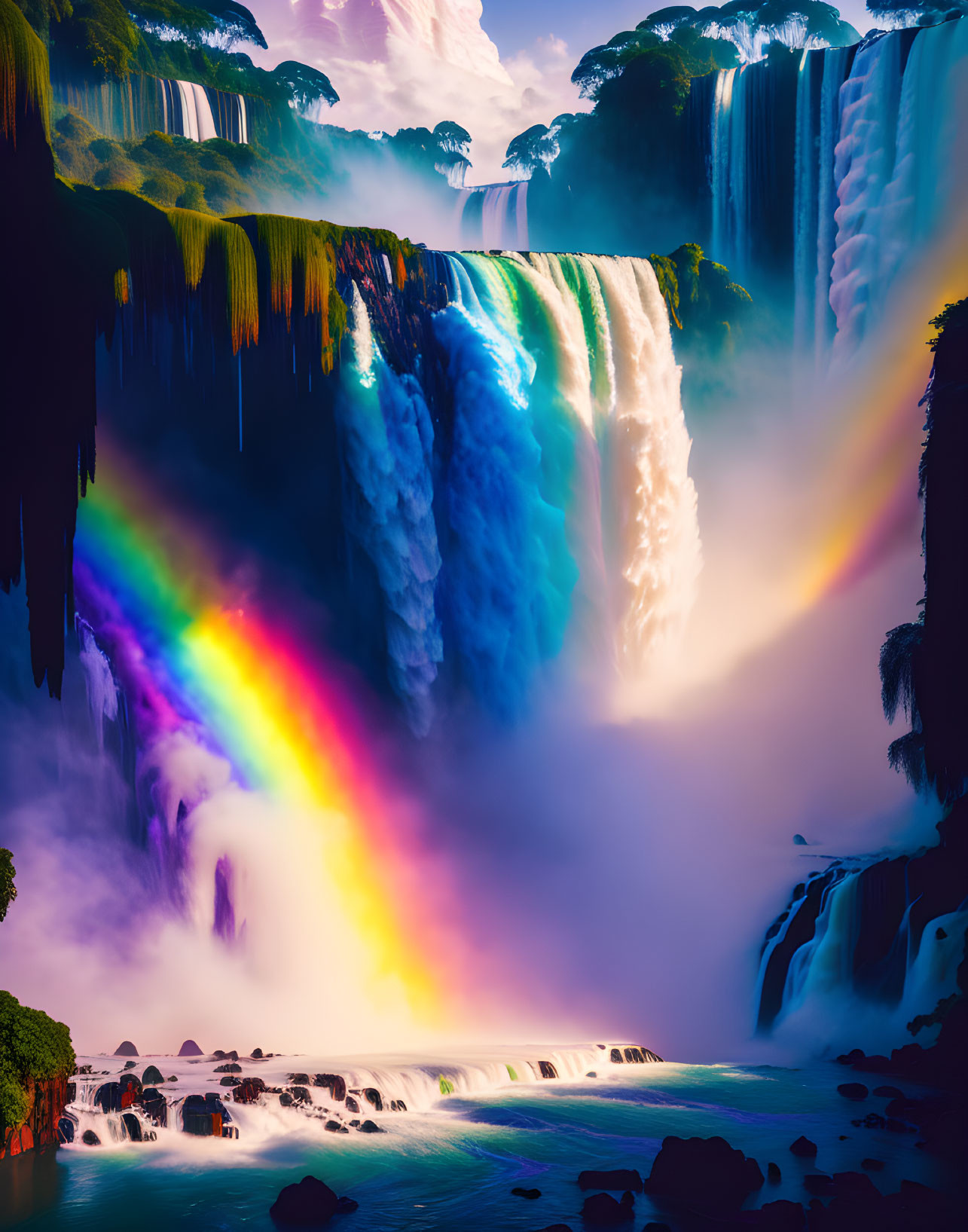 Majestic waterfalls with vibrant rainbow in lush greenery