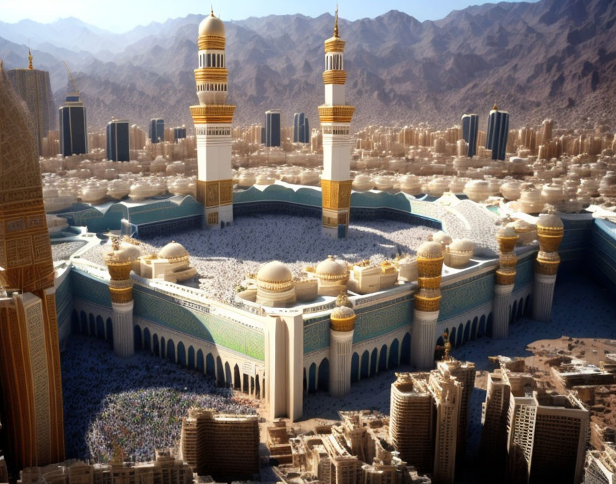 Aerial view of Masjid al-Haram in Mecca with pilgrims and minarets