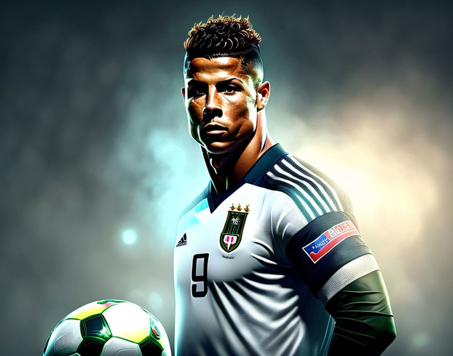 Stylized male soccer player in grey and blue jersey with soccer ball - digital artwork