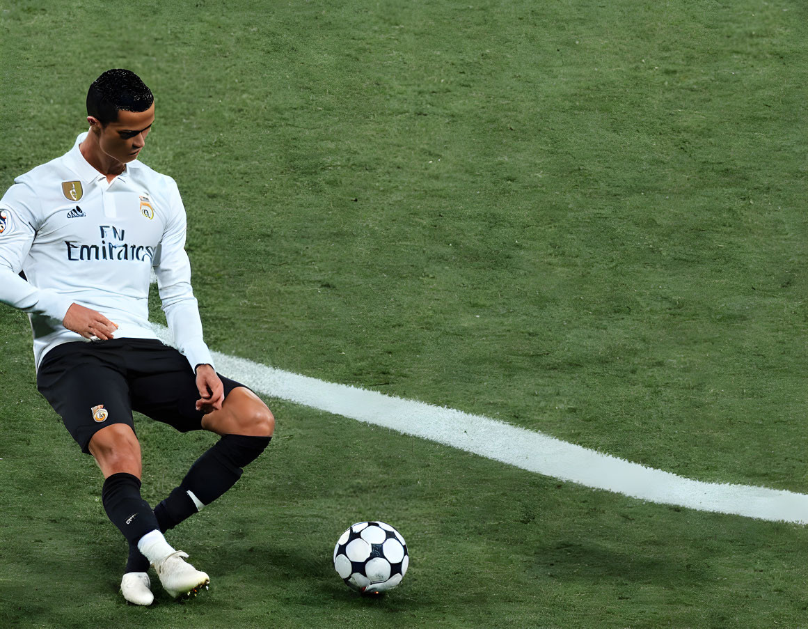 Soccer player in white and black uniform kicking ball on green pitch