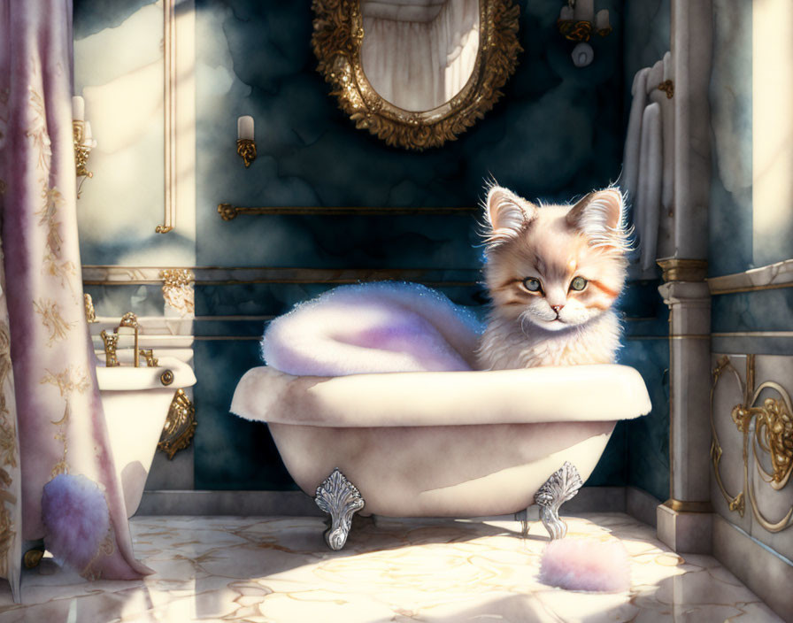 Fluffy cat in luxurious bathroom with claw-foot bathtub