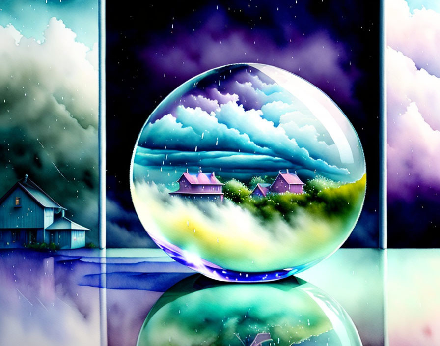 Crystal ball illustration: Stormy sky over village, serene starry night.