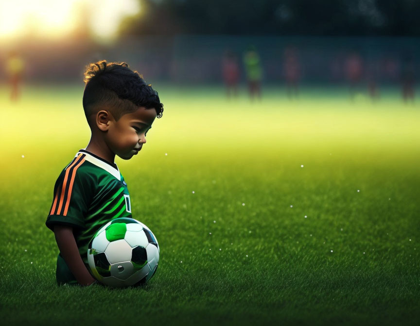 Young boy in green jersey with soccer ball on field at sunset