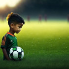 Young boy in green jersey with soccer ball on field at sunset