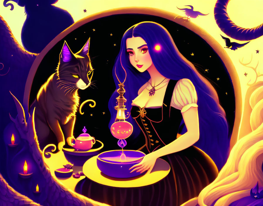 Dark-haired witch with black cat in magical ritual under starry sky