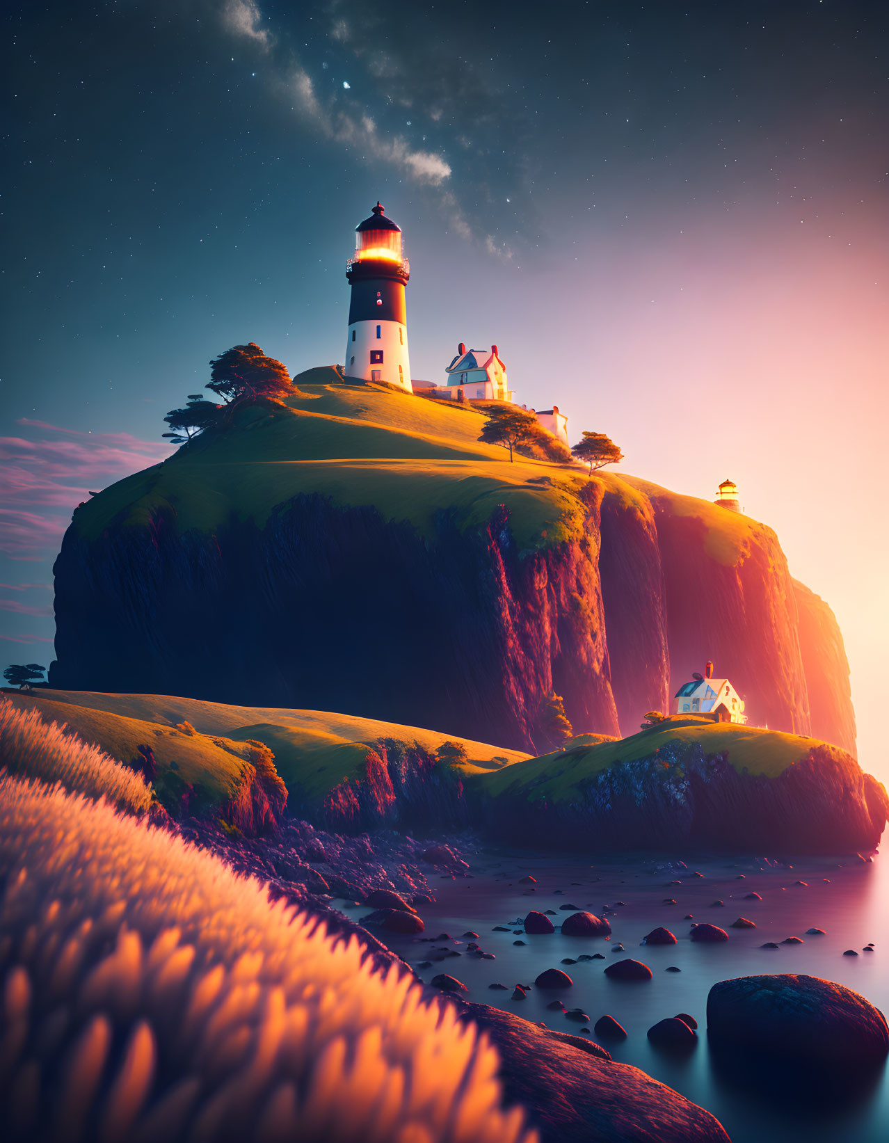 Twilight scene of lighthouse on cliff with stars and cozy house