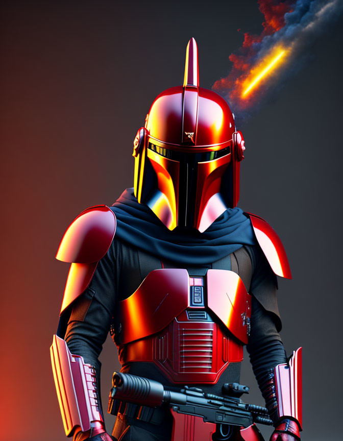 Futuristic figure in red and black armor with T-shaped visor helmet on gradient background