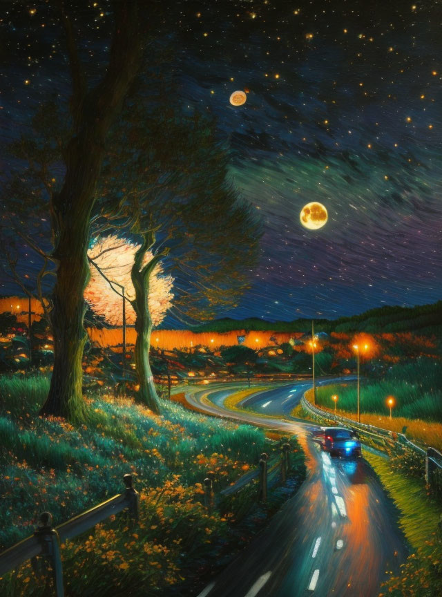 Vibrant night scene: car on winding road, lush greenery, star-streaked sky