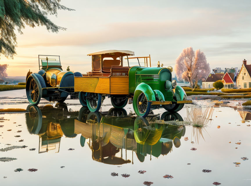 Vintage Cars Parked by Reflective Water Surface at Sunset