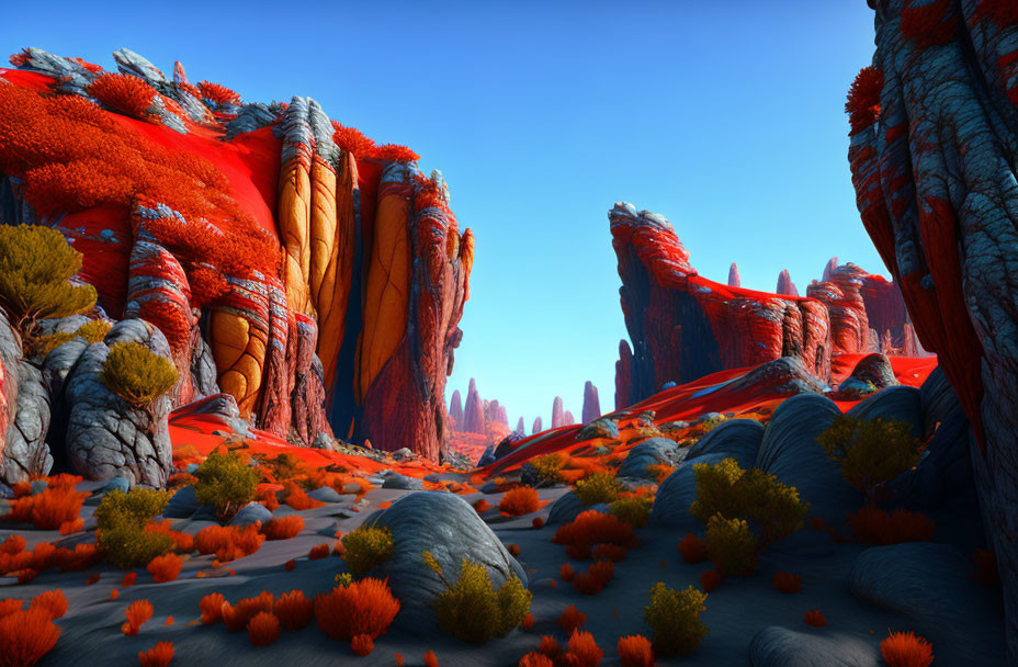 Colorful alien landscape with red vegetation and towering rocks under blue sky