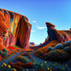 Colorful alien landscape with red vegetation and towering rocks under blue sky