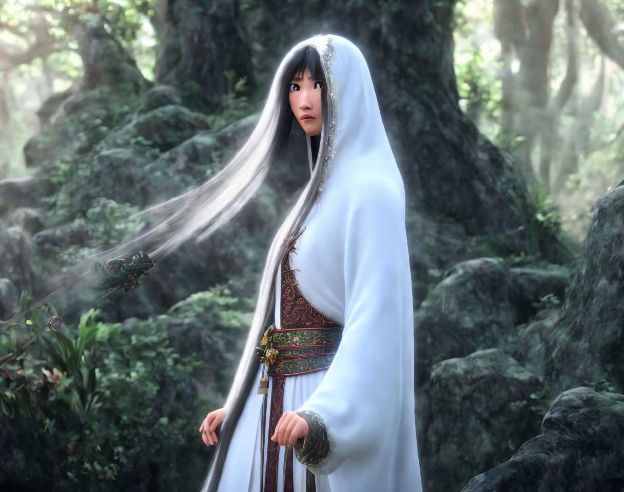 Traditional attire woman with dragon in misty forest