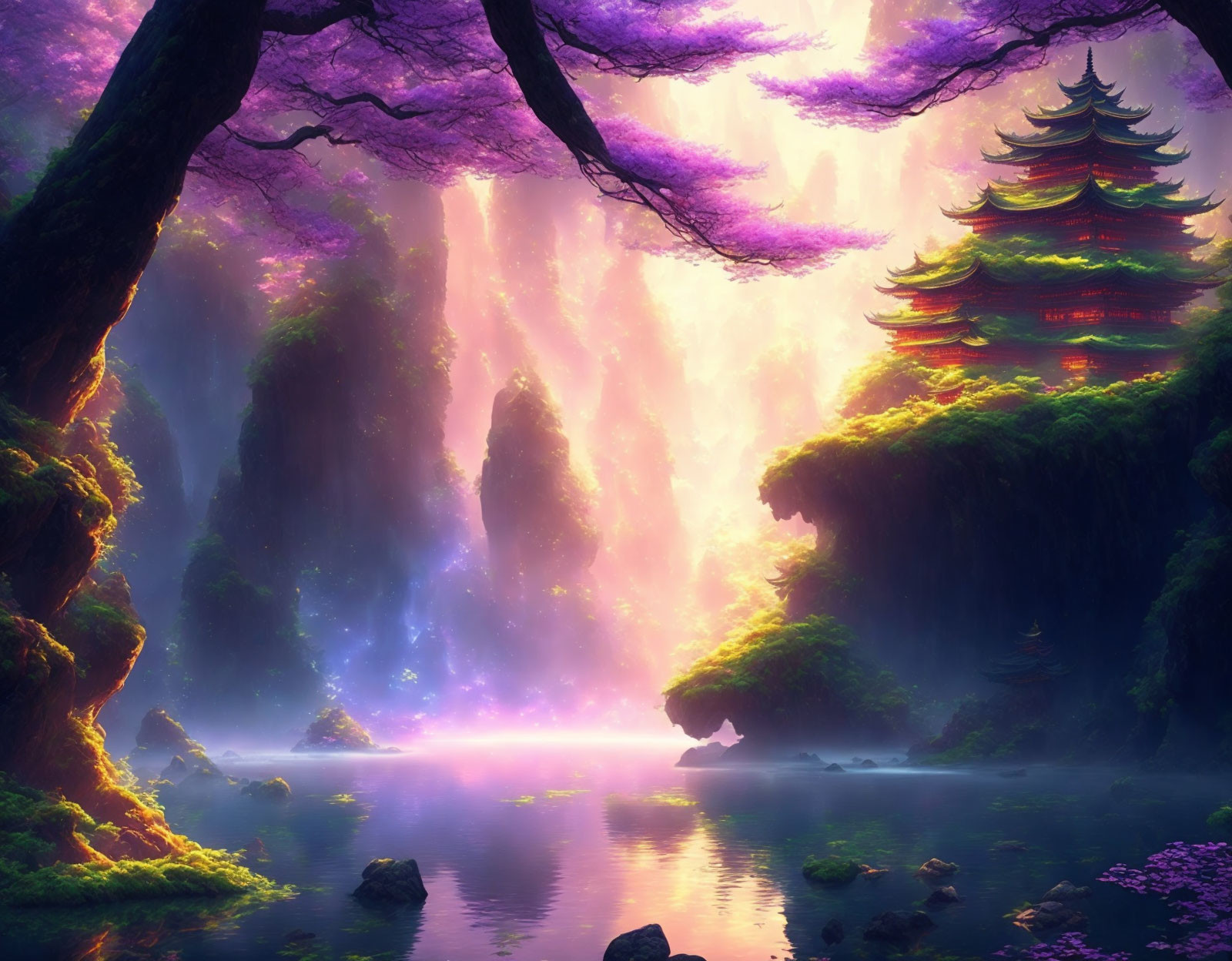 Mystical landscape with purple foliage, serene lake, radiant sunlight, and traditional pagoda.