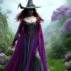 Woman in Purple Cloak and Hat Surrounded by Purple Flowers in Enchanted Forest