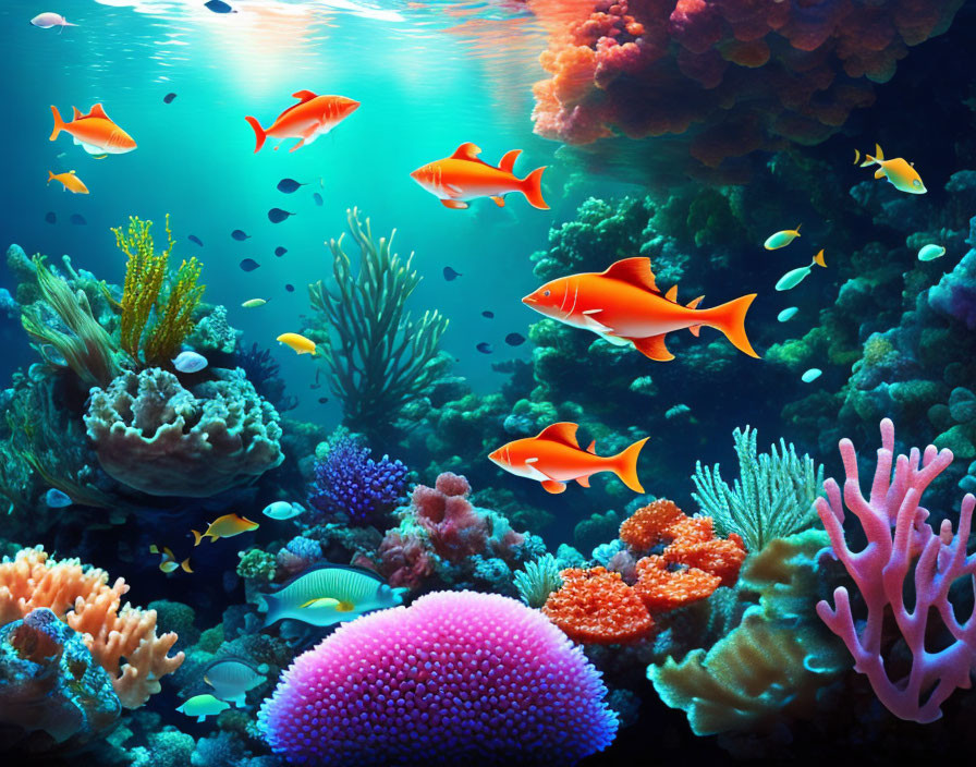 Colorful Fish and Rich Coral Reefs in Vibrant Underwater Scene