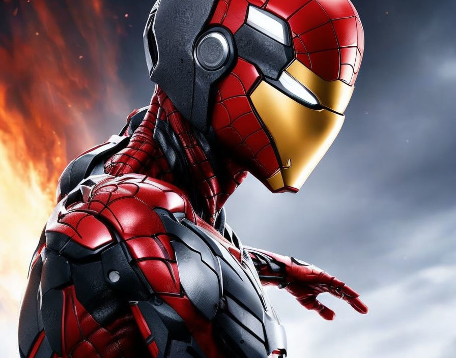 Detailed Iron Man suit close-up with red and gold helmet in fiery sky backdrop