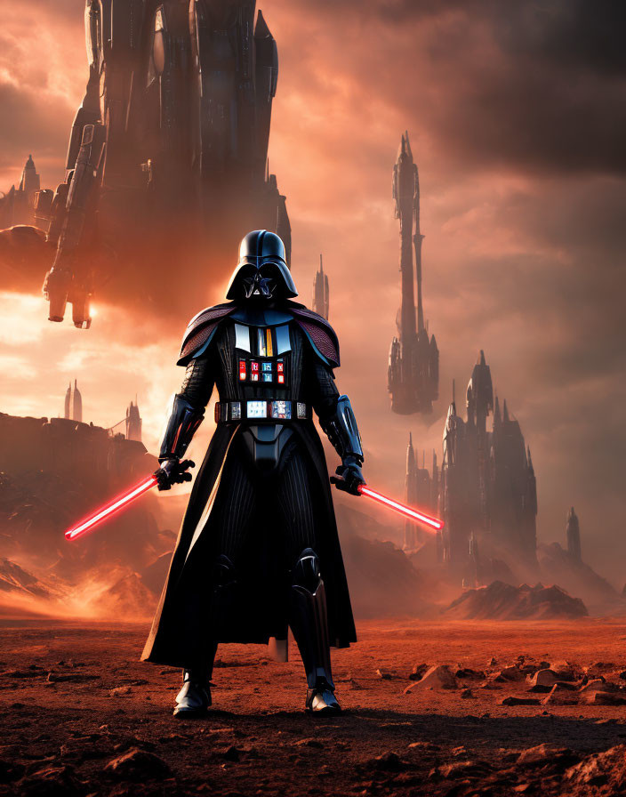 Dark armored figure with dual red lightsabers in front of towering spires under red sky