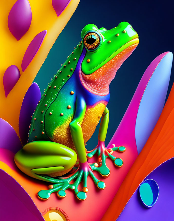 Colorful digital frog illustration with intricate textures and patterns