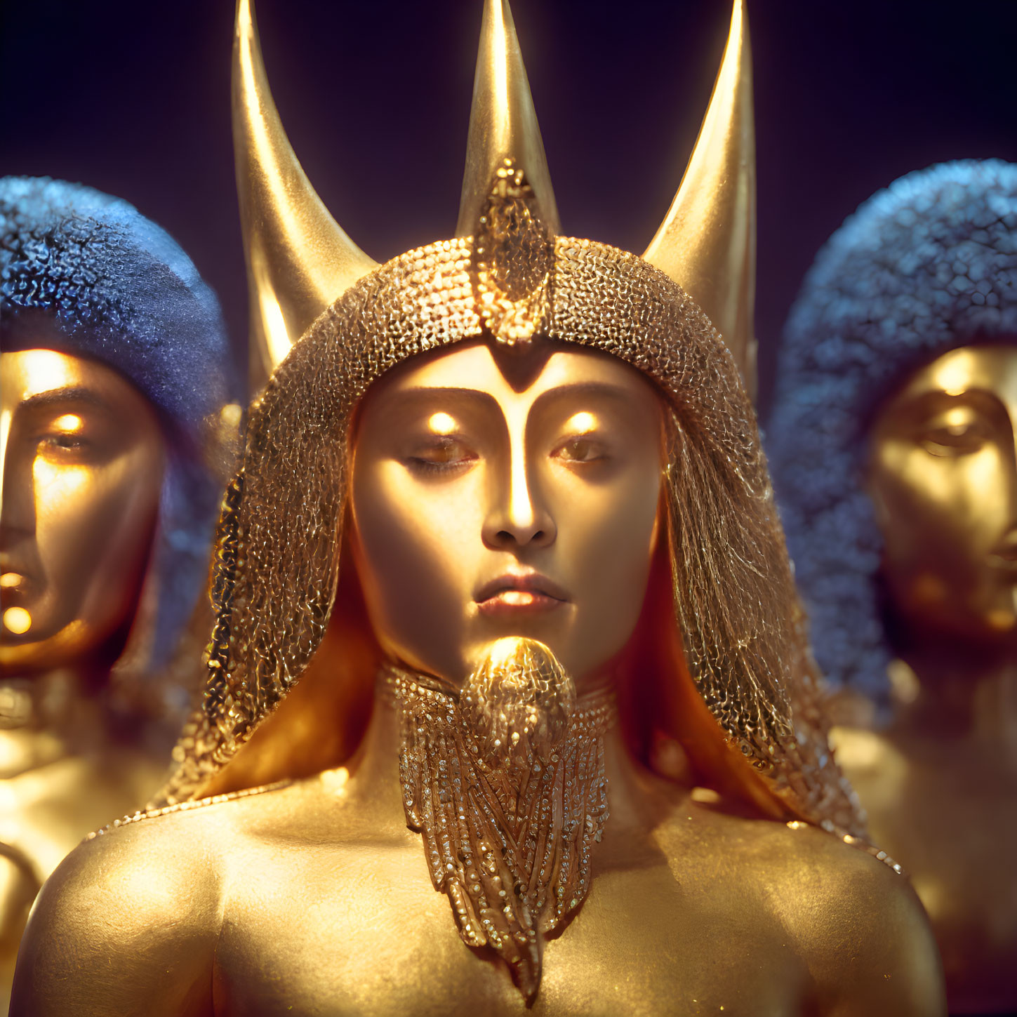 Three Figures in Golden and Blue Costumes with Regal and Mystical Theme