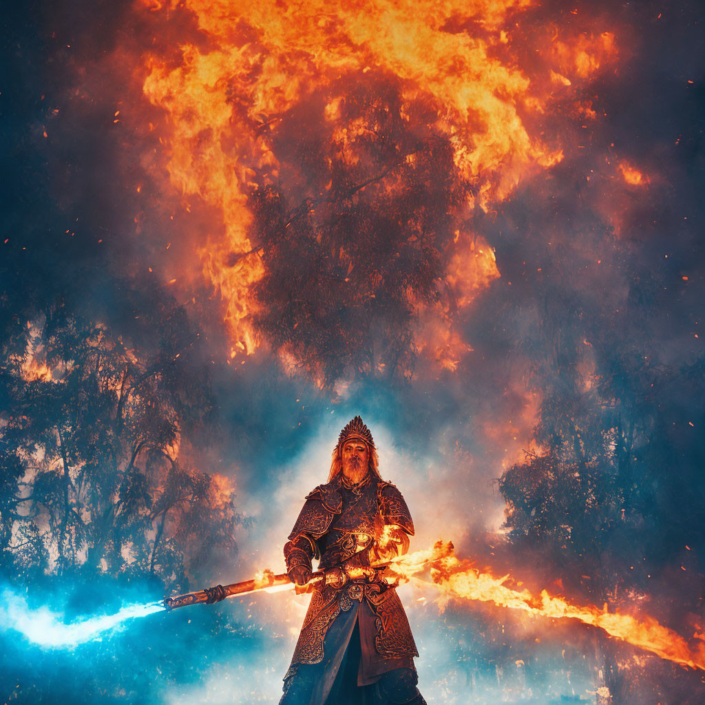 Armored warrior with flaming weapon in front of massive fire under fiery sky.