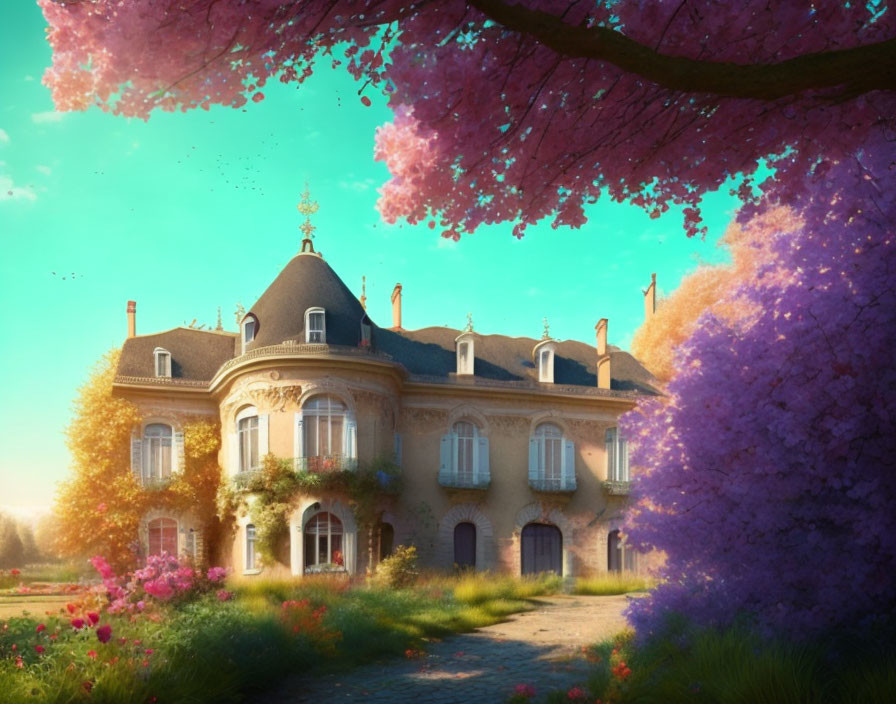 Château with Cherry Blossoms and Greenery in Golden Sunlight