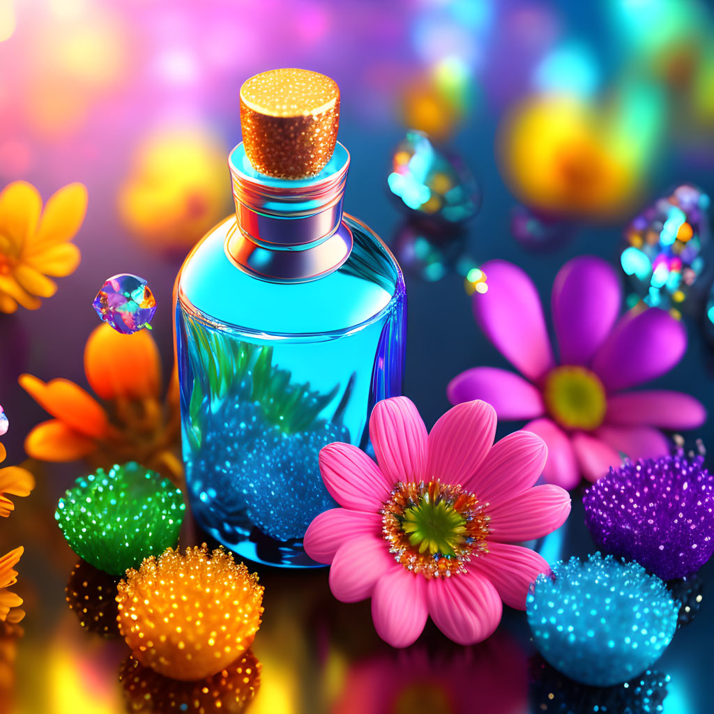 Colorful flowers and glass perfume bottle on reflective surface