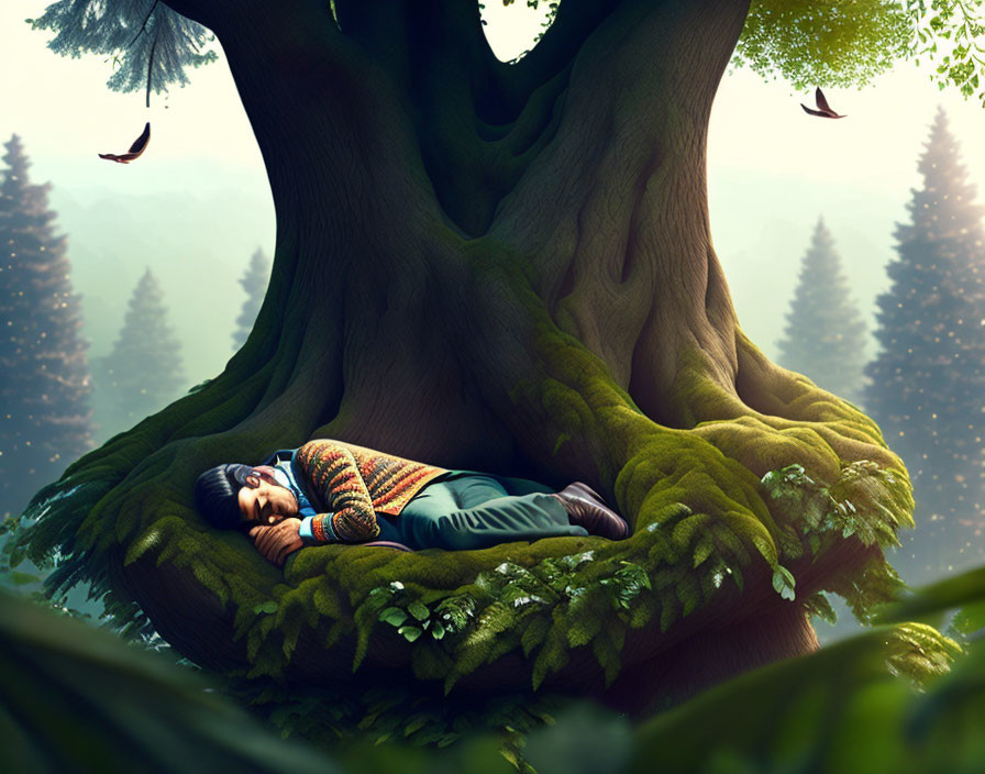 Person Sleeping Peacefully in Cozy Tree Nook with Moss and Forest Background