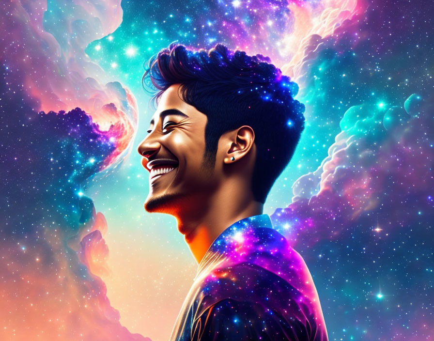 Colorful cosmic background with smiling person in digital artwork