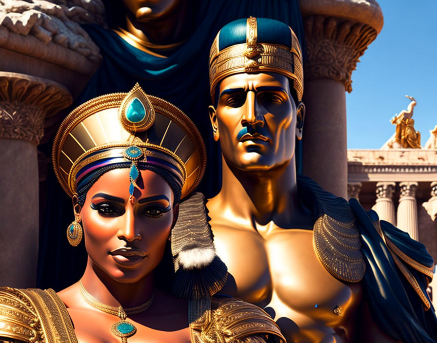 Detailed Ancient Egyptian-style Attire Illustration with Regal Man and Woman