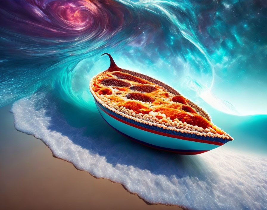 Giant pizza slice-shaped boat on colorful nebula ocean.