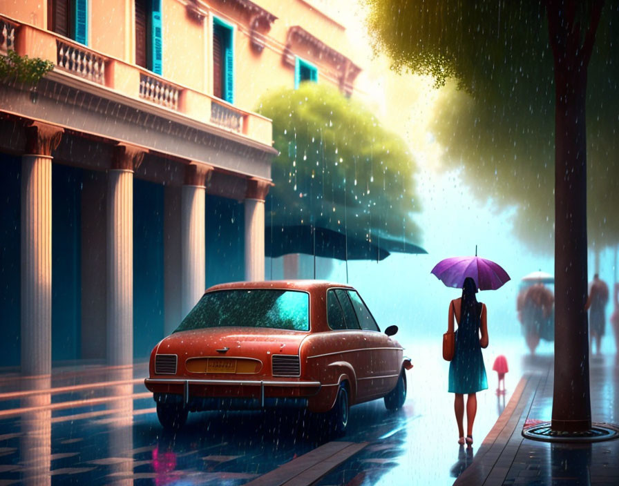 Pedestrian with umbrella passes classic car in rainy city scene.