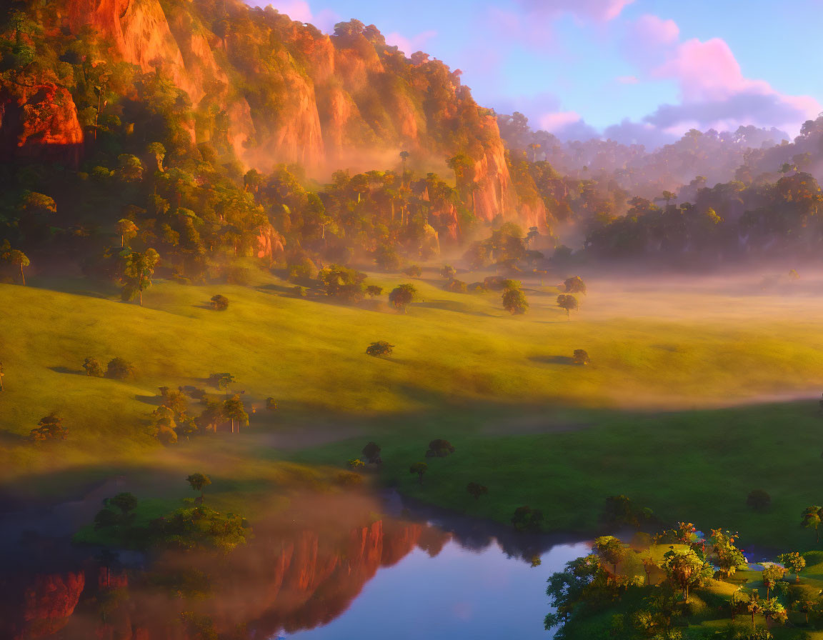 Golden cliffs, misty forest, reflective river, lush green field - serene sunrise landscape.