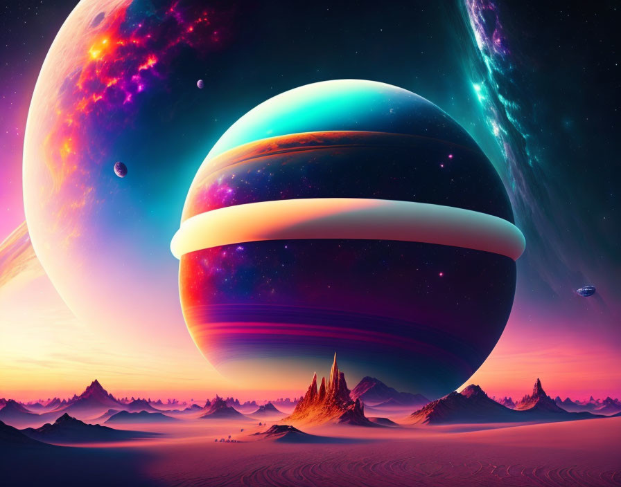 Colorful sci-fi scene: massive planets, surreal desert, starry sky