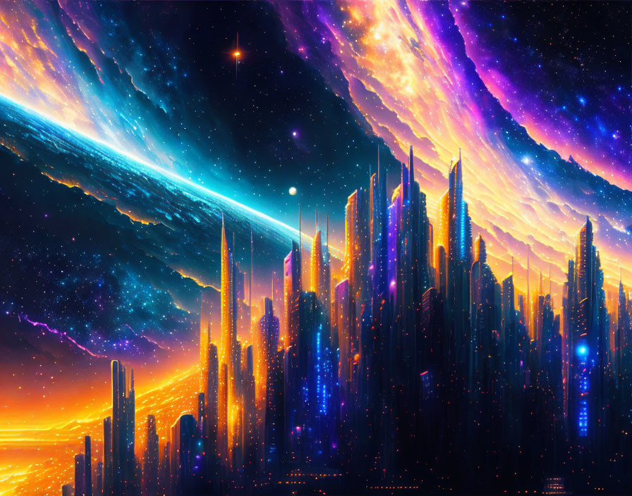 Futuristic sci-fi cityscape with cosmic sky and towering skyscrapers