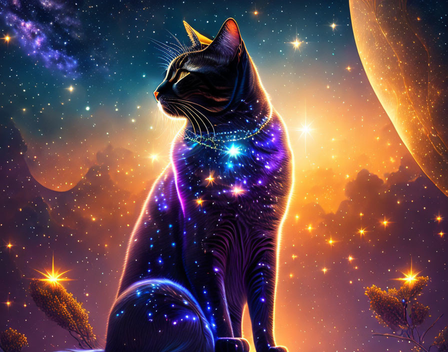 Majestic cosmic cat under starlight with vibrant nebula