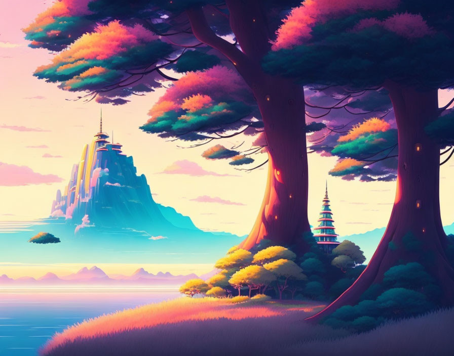 Fantasy landscape with oversized trees, floating islands, and distant castle.