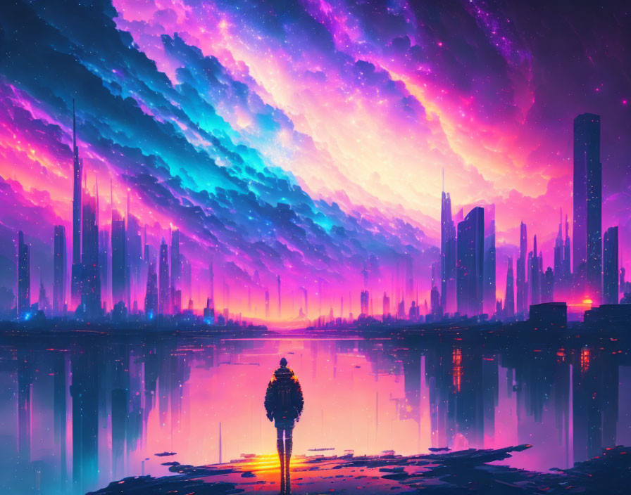 Solitary figure in futuristic cityscape under starlit sky