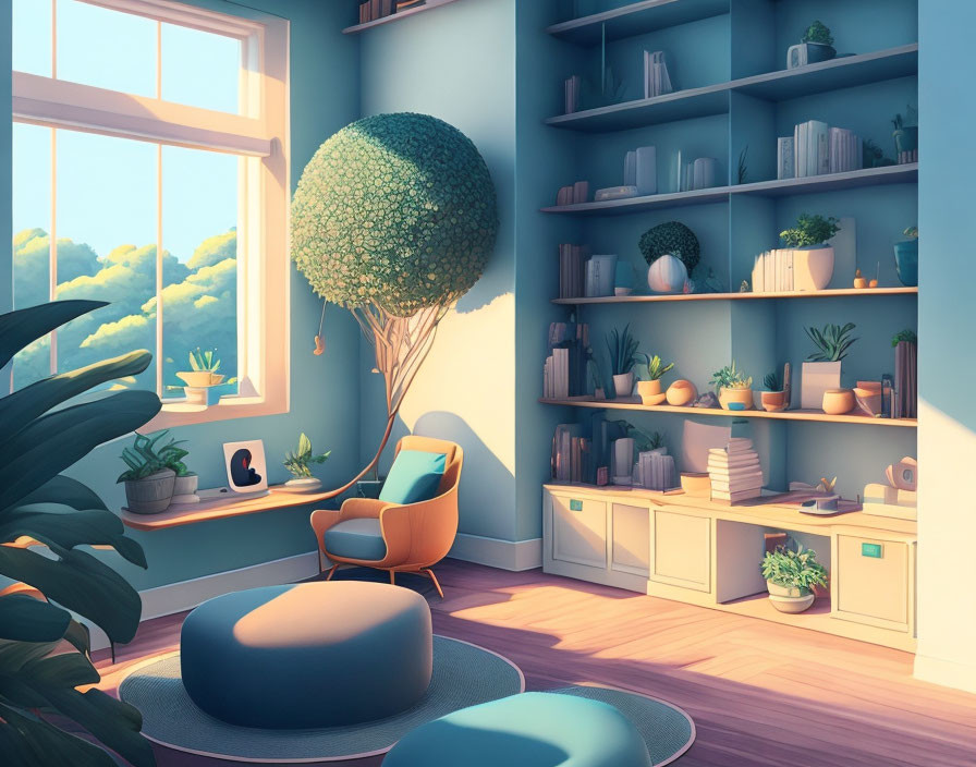 Modern sunlit room with orange chair, plants, bookshelves, and whimsical balloon.