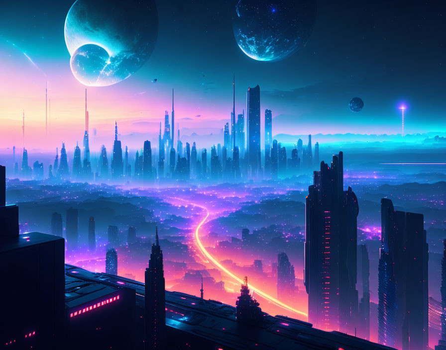 Futuristic cityscape at dusk with neon lights & planets in sky