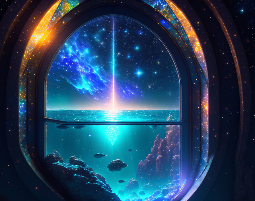 Circular Window Frames Vibrant Space Scene: Starry Nebula, Cosmic Bodies, Asteroids