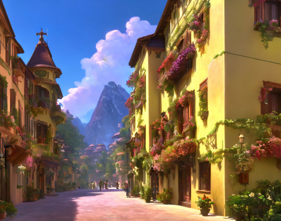 Sunlit cobblestone street with vibrant buildings and mountain view