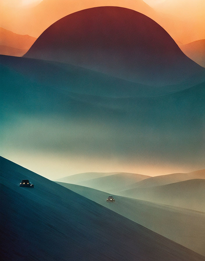 Vehicles crossing sand dunes at sunset in desert landscape