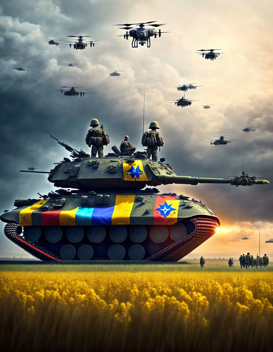 Military tank with colorful camouflage in golden field with soldiers and helicopters