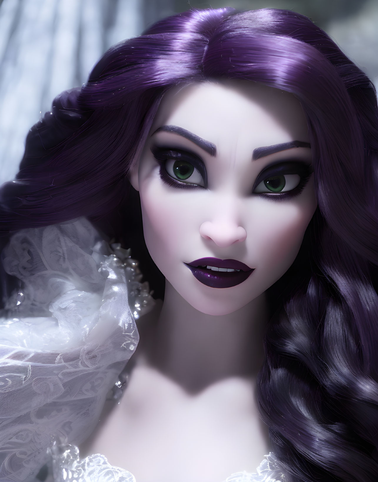 Close-Up 3D-Rendered Female Figure with Purple Hair and Green Eyes