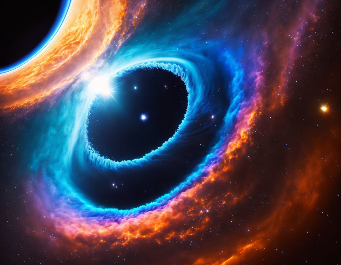 Colorful depiction of black hole with accretion disks in space